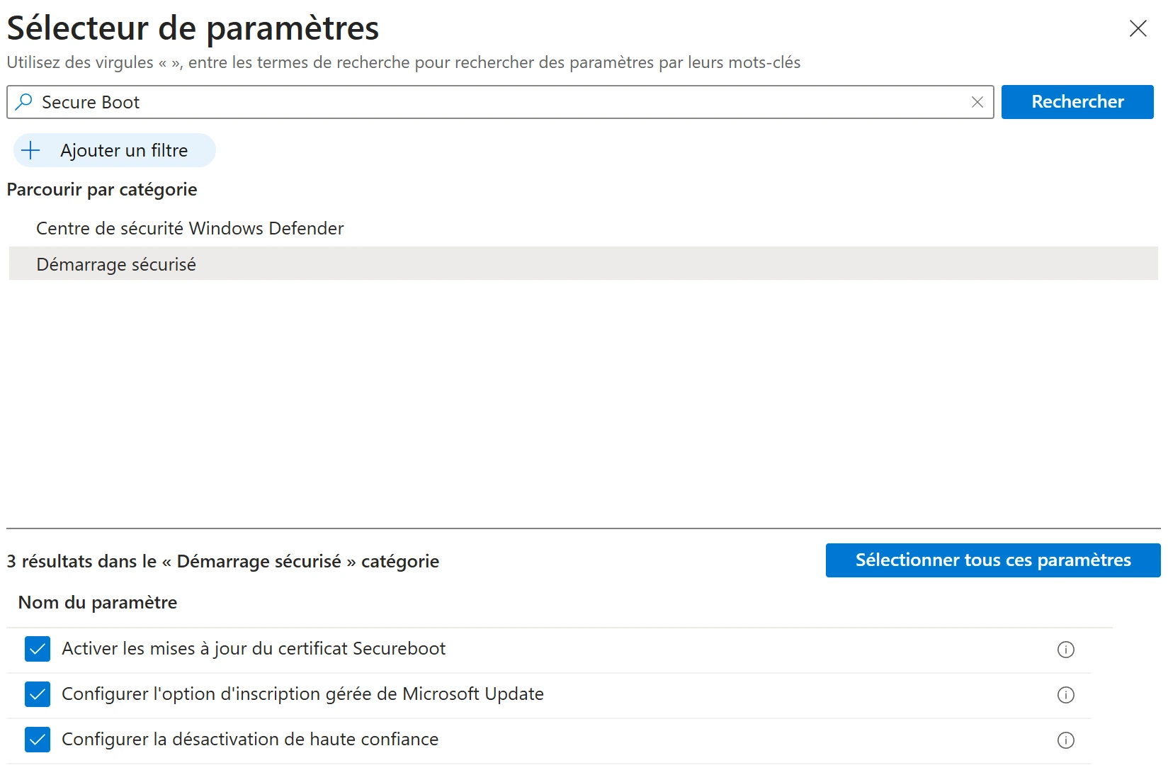 Paramètres Microsoft Intune liés au Secure Boot